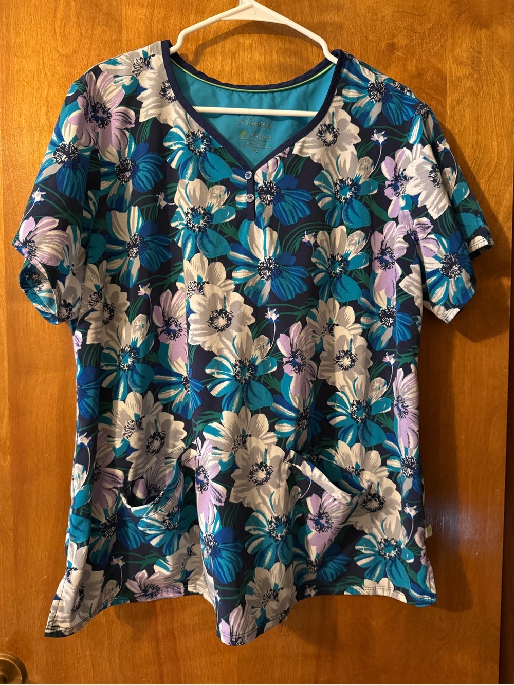 healing hands Floral V-Neck Scrub Top in Teal, Navy, White and Lavender
